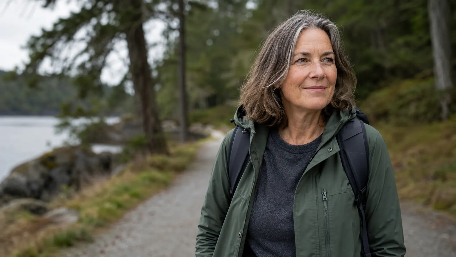 Mature woman smiling outdoors on a morning walk near evergreen trees with clear visible skin texture