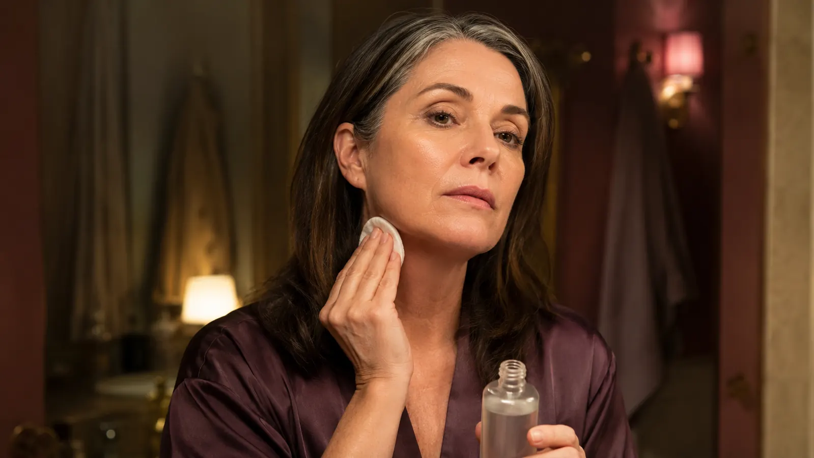Mature woman in her mid-fifties smoothing a cotton pad along her jawline in soft bathroom light