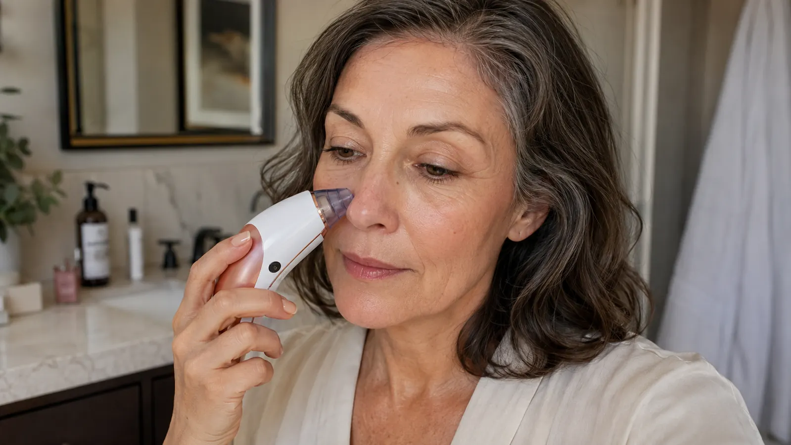 Close-up of hand holding the Essy pore vacuum against the side of the nose with a suction tip attached