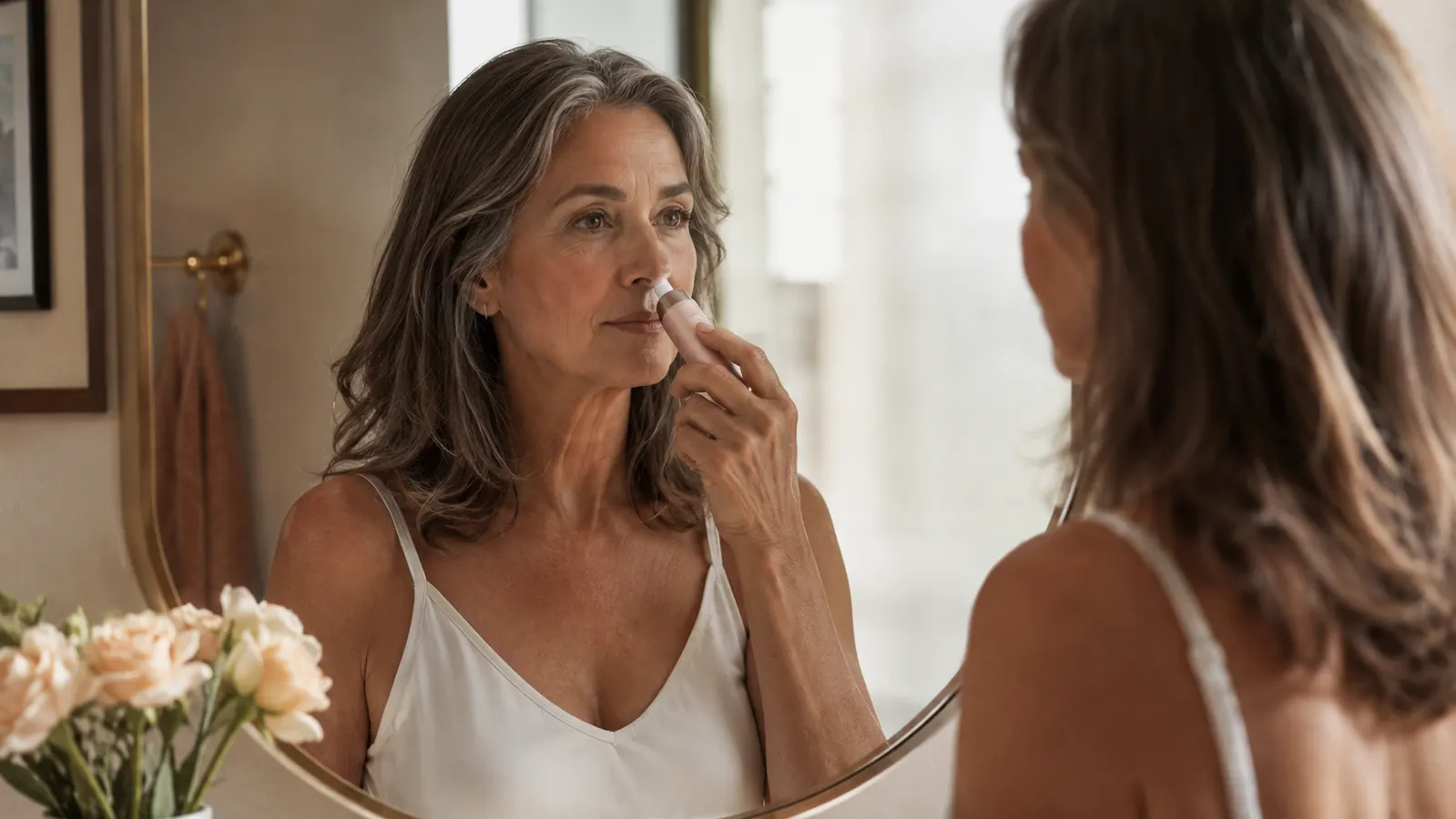 Woman in her mid-fifties holding an electric pore vacuum near her nose in a bright bathroom mirror