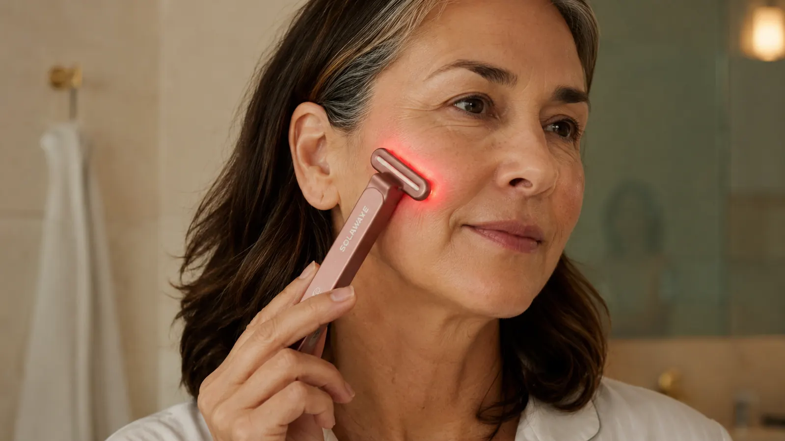 Hand holding a red light therapy wand against a cheek during a nightly skincare routine