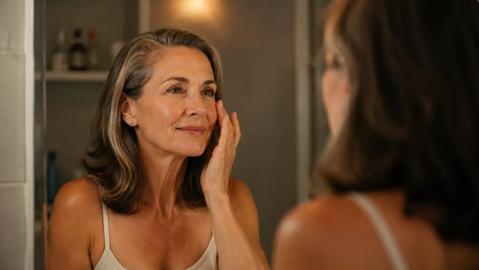 Woman in her fifties looking at an even, glowing complexion in a bathroom mirror