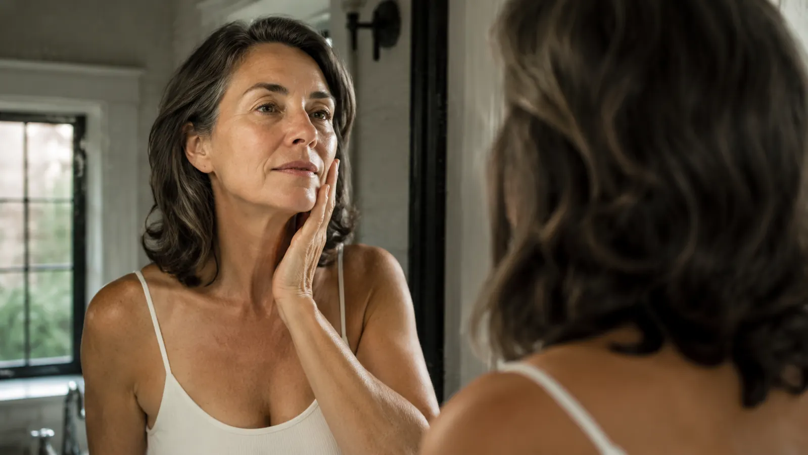 Woman in her fifties looking at her reflection in a softly lit bathroom mirror, hand near her chin