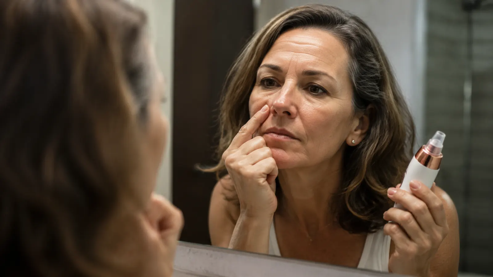 A woman in her fifties leaning close to a bathroom mirror examining her nose with a skeptical expression, a small electric pore vacuum in her hand