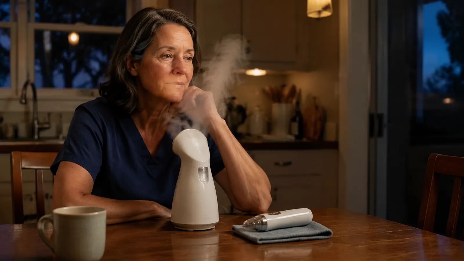 A woman in scrubs sitting at a kitchen table late in the evening with a small facial steamer and the pore vacuum nearby
