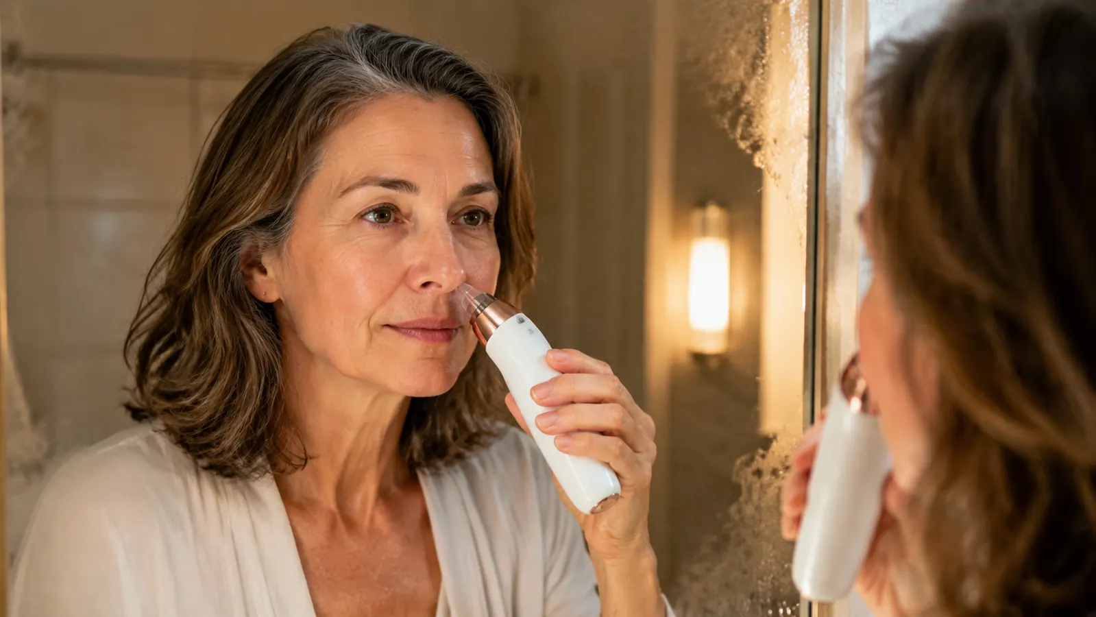 A woman in her fifties holding a small handheld pore vacuum device near her nose in soft bathroom light