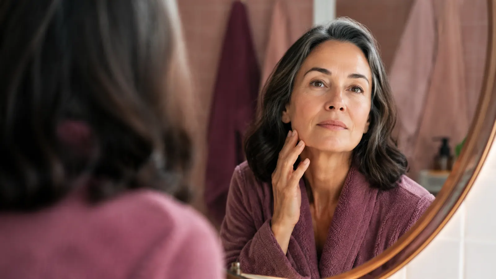 Woman in her fifties looking at her jawline in a bathroom mirror in soft morning light