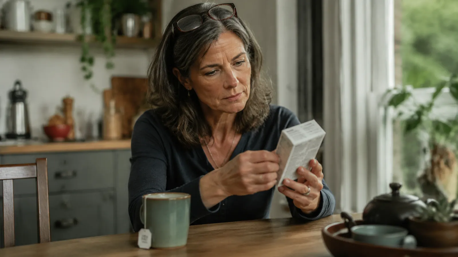 A woman in her fifties reading the fine print on a skincare device box at her kitchen table, glasses pushed up on her head