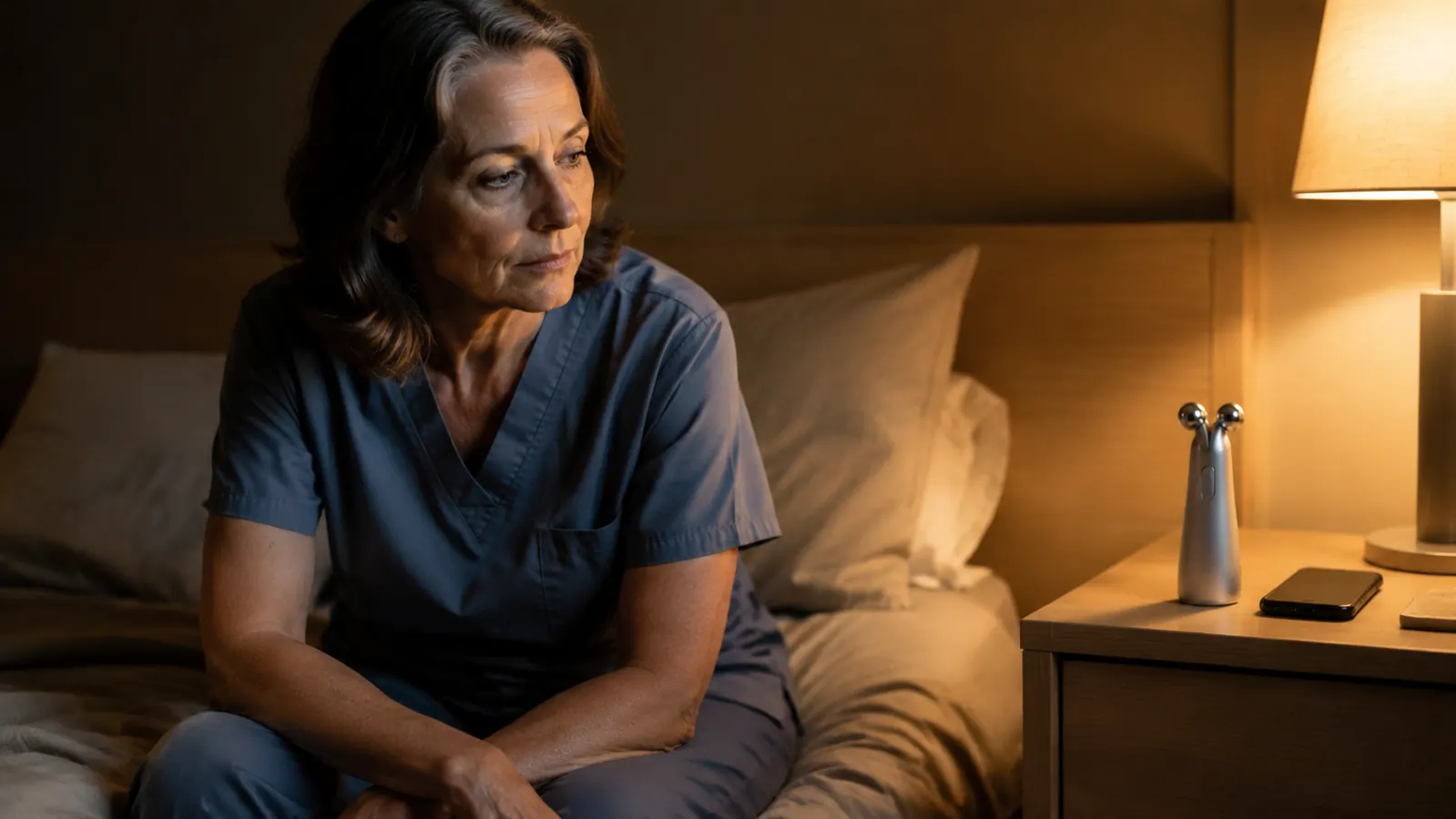 A tired-looking woman in her fifties sitting on the edge of a bed at night, a metallic facial device resting on the nightstand beside her