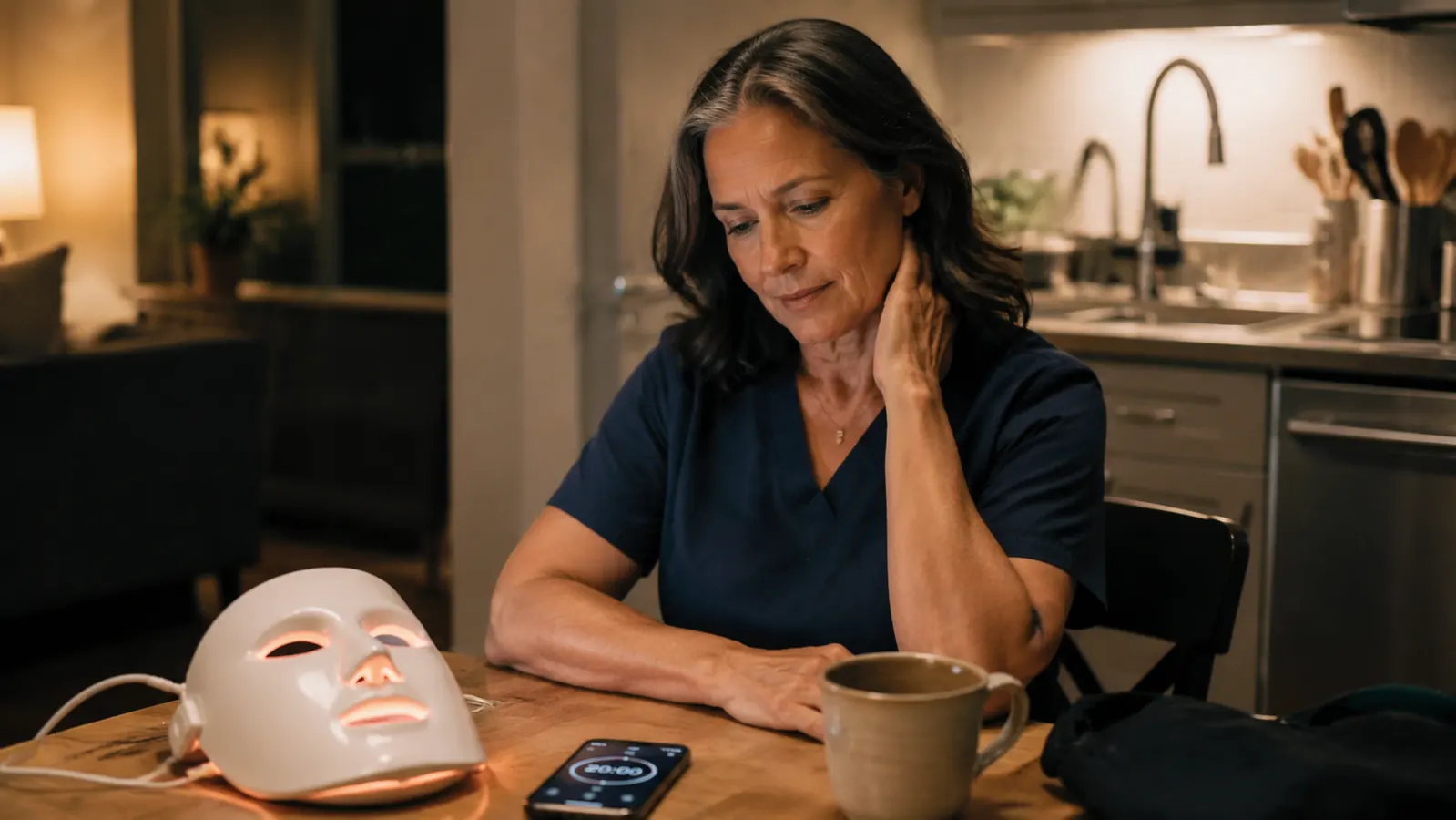 A woman in scrubs sitting at a kitchen table in the evening, facial device and phone timer nearby