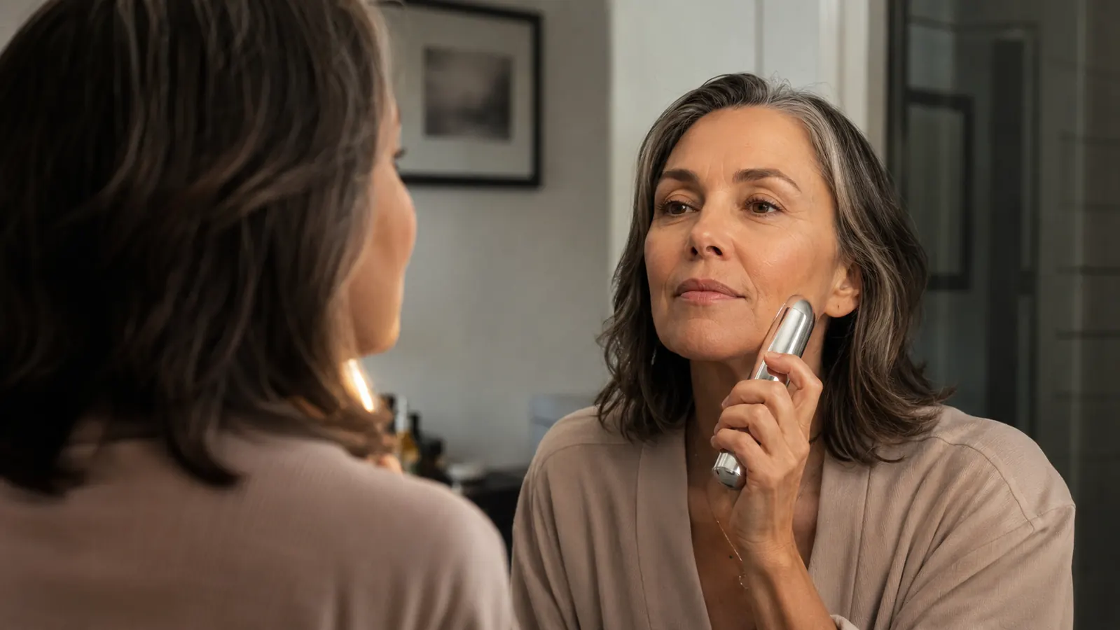 A woman in her fifties holding a metallic microcurrent facial device up to her jawline in soft bathroom light