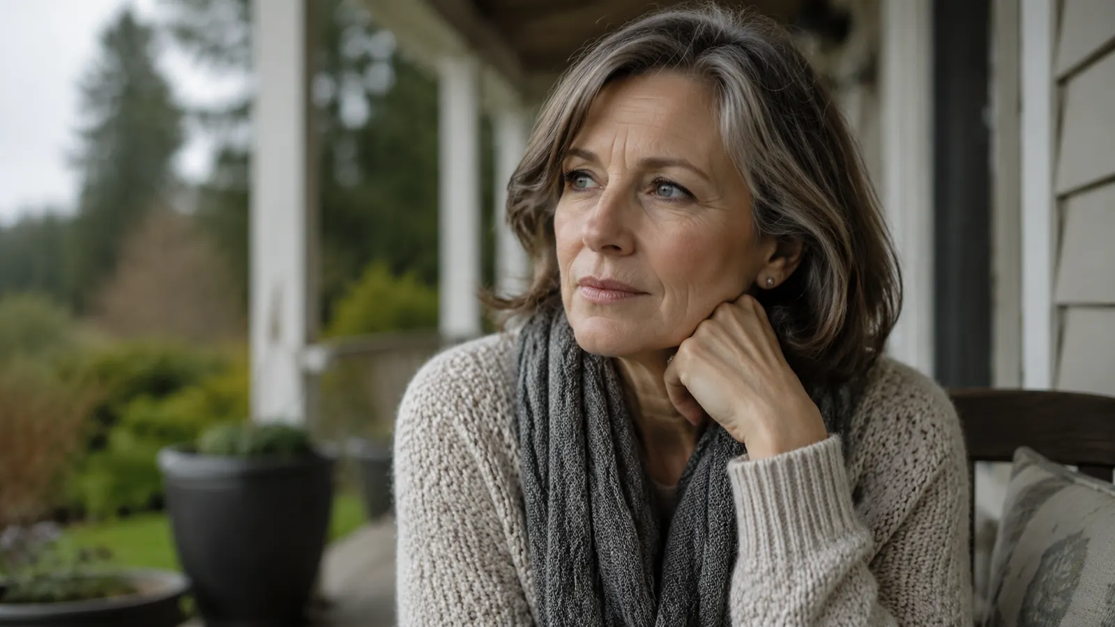 Woman in her fifties on a covered porch in soft morning light, gently touching her jawline