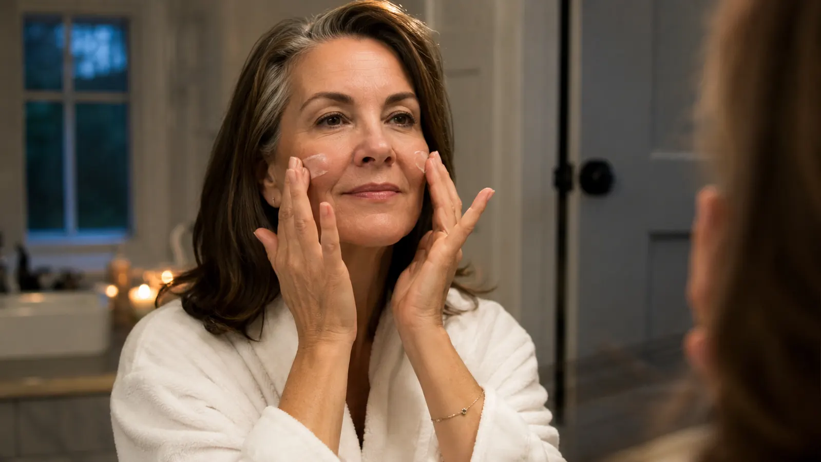 Woman with clear, calm skin applying moisturizer to her cheek in the evening, cotton towel around her shoulders