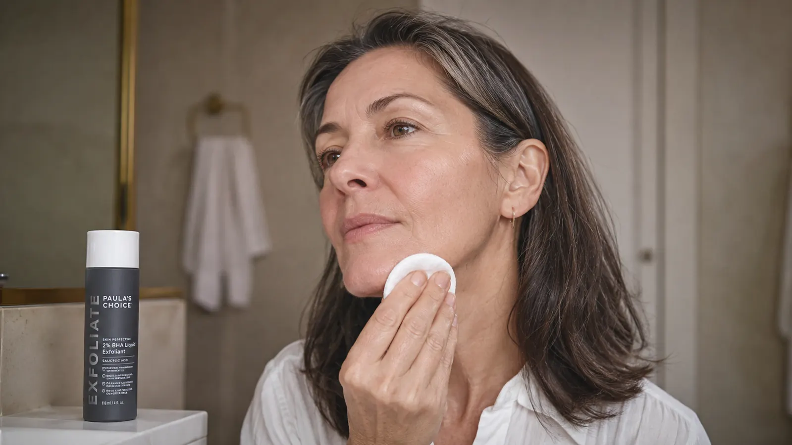 Hand holding a cotton round saturated with liquid exfoliant, sweeping it across the chin