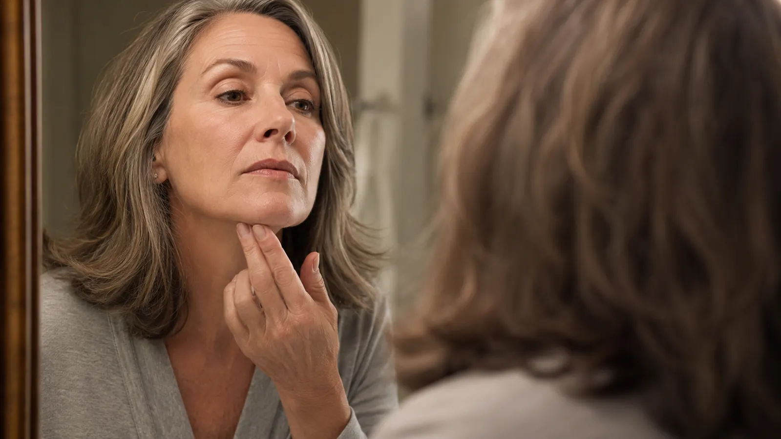 Woman in her mid-50s examining her chin and cheek texture in a bathroom mirror under soft morning light