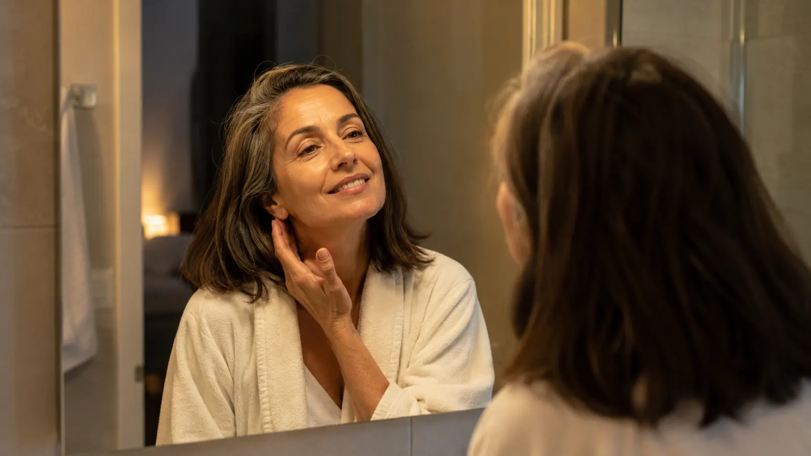 Woman in her 50s smiling at her reflection in the evening after finishing her skincare routine