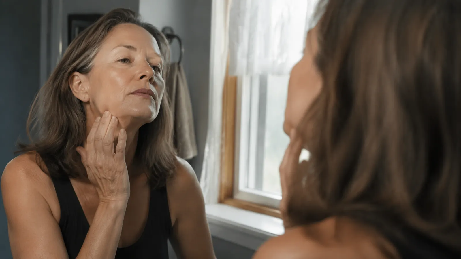 Woman in her mid-50s applying conductive gel before a microcurrent facial routine in a home bathroom with soft morning light