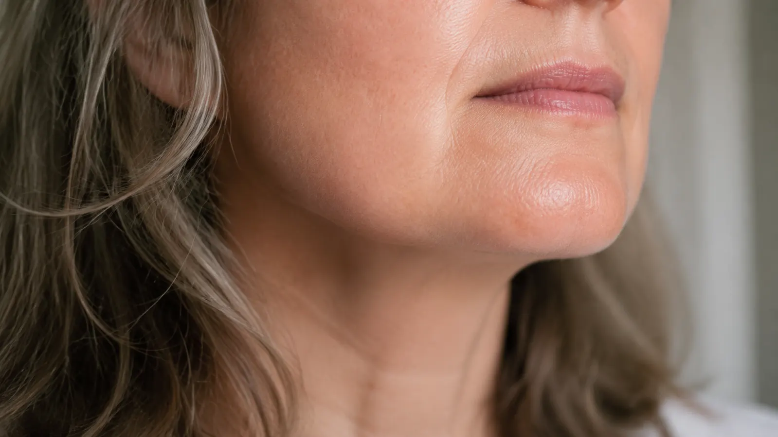 Close-up of smooth, even skin texture along a chin and jawline in natural daylight