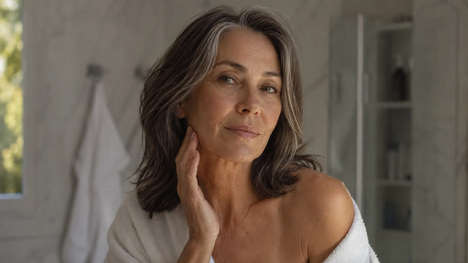 A woman in her fifties standing at a bathroom mirror in soft morning light, touching her chin thoughtfully