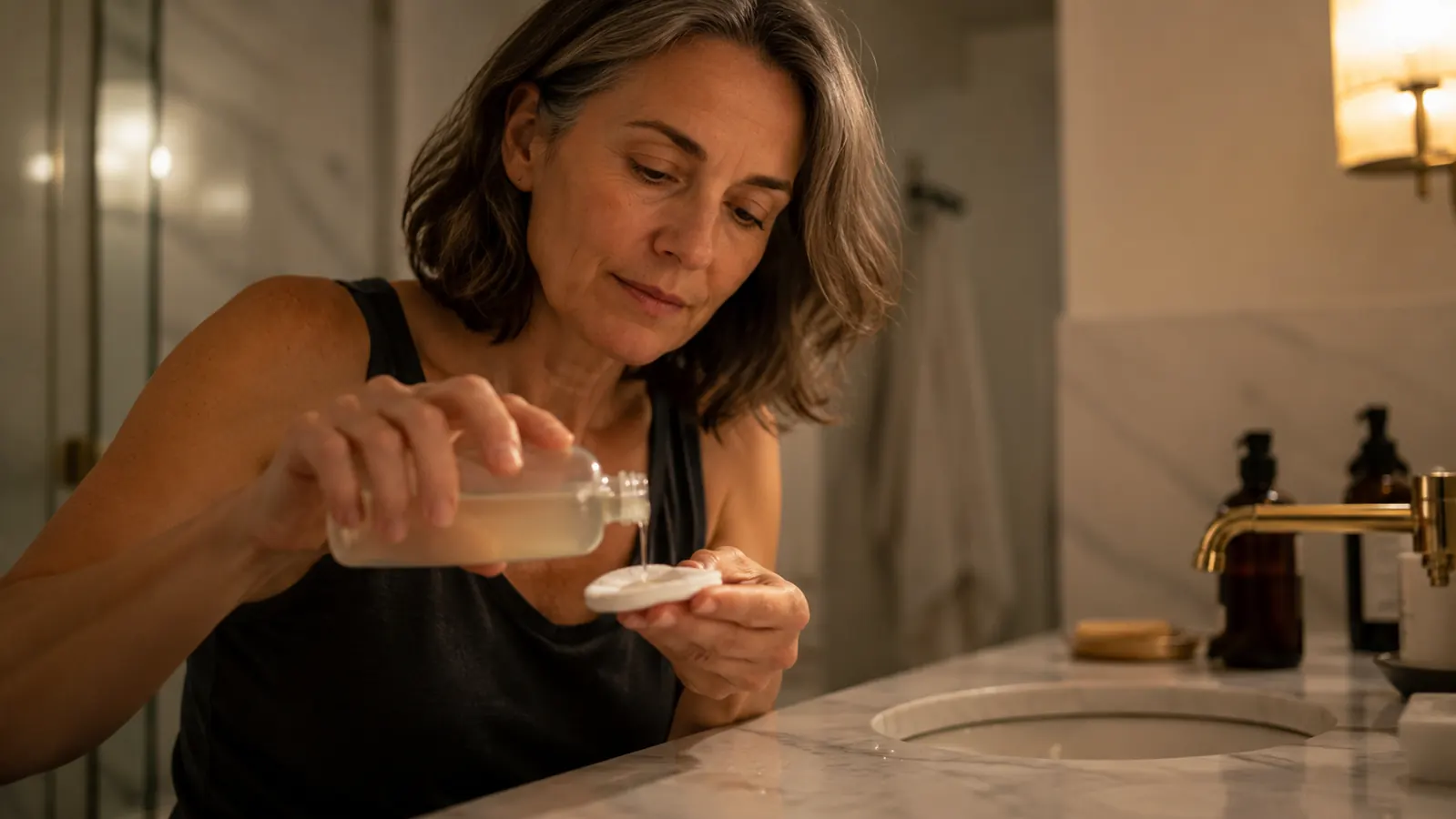 A woman in her mid-50s tilts a small dropper bottle over a cotton round on a bathroom counter, liquid dripping