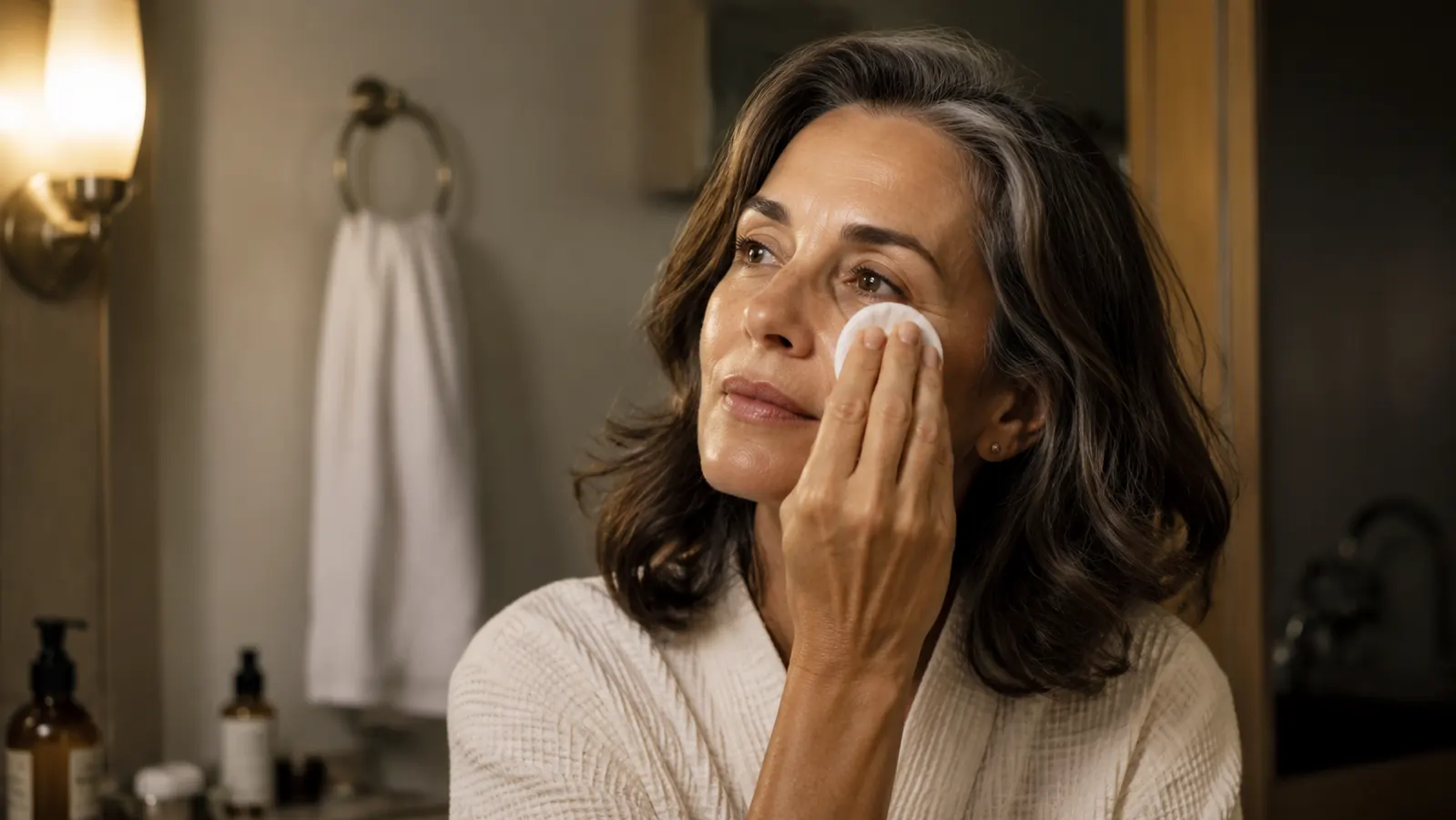 A woman in her mid-50s applies a cotton round to her cheek in soft bathroom light