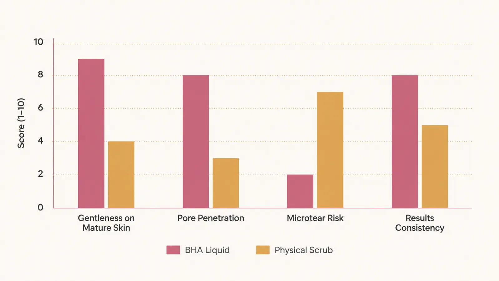 Simple bar chart comparing gentleness, pore penetration, and microtear risk between a BHA liquid exfoliant and a physical scrub