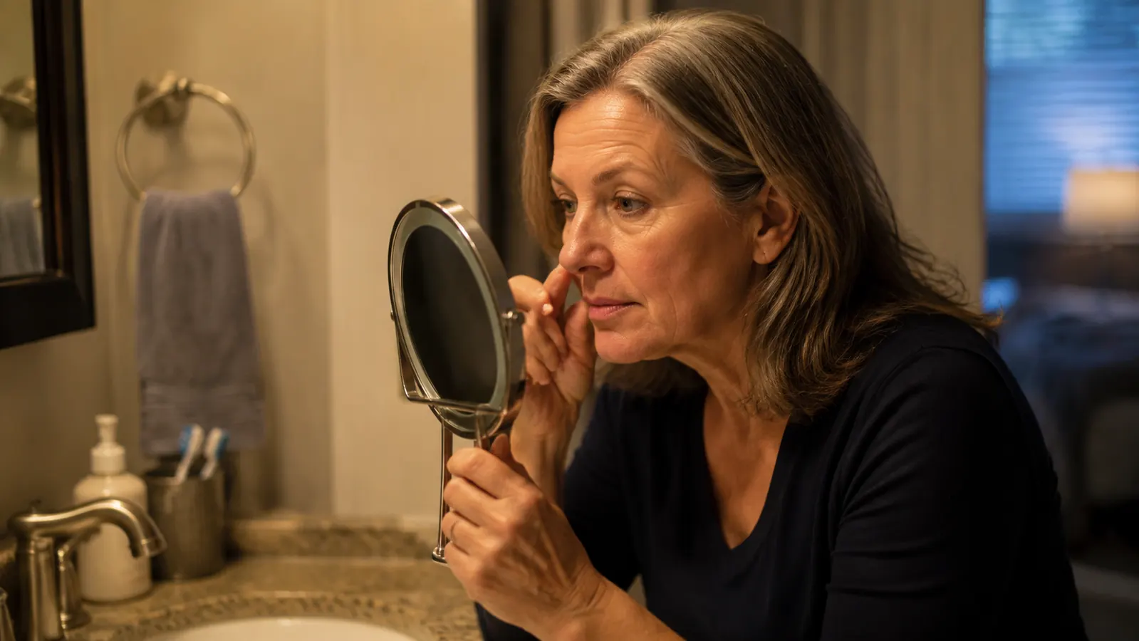 Mature woman at a bathroom counter looking closely at her nose in a magnifying mirror under warm light