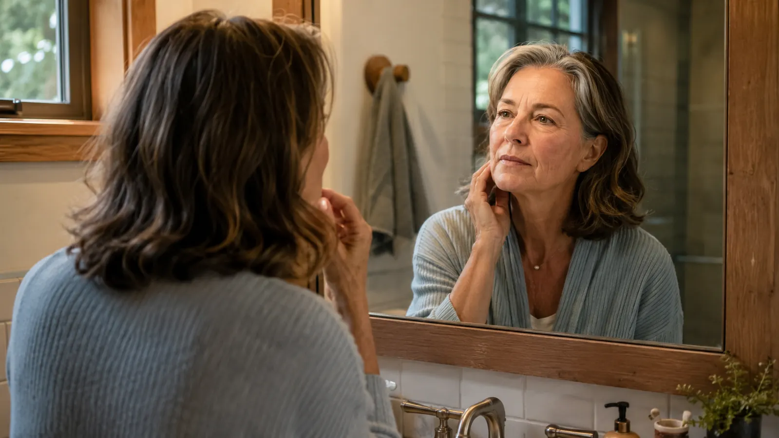 A woman in her fifties leaning close to a bathroom mirror in soft morning light, examining her cheek