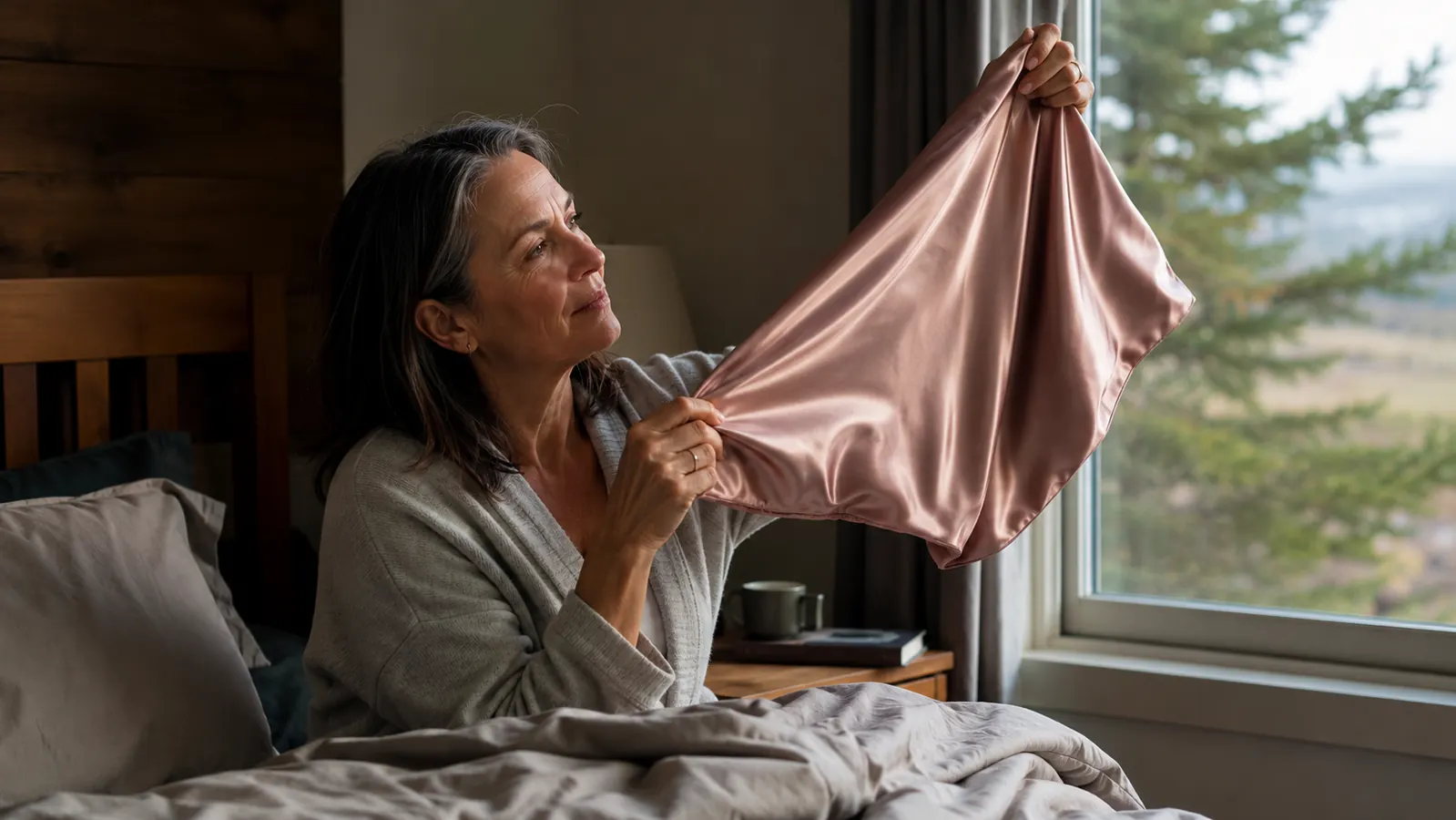 A woman in her fifties sitting up in bed at dawn, holding a rose-toned silk pillowcase up toward the window light to inspect it