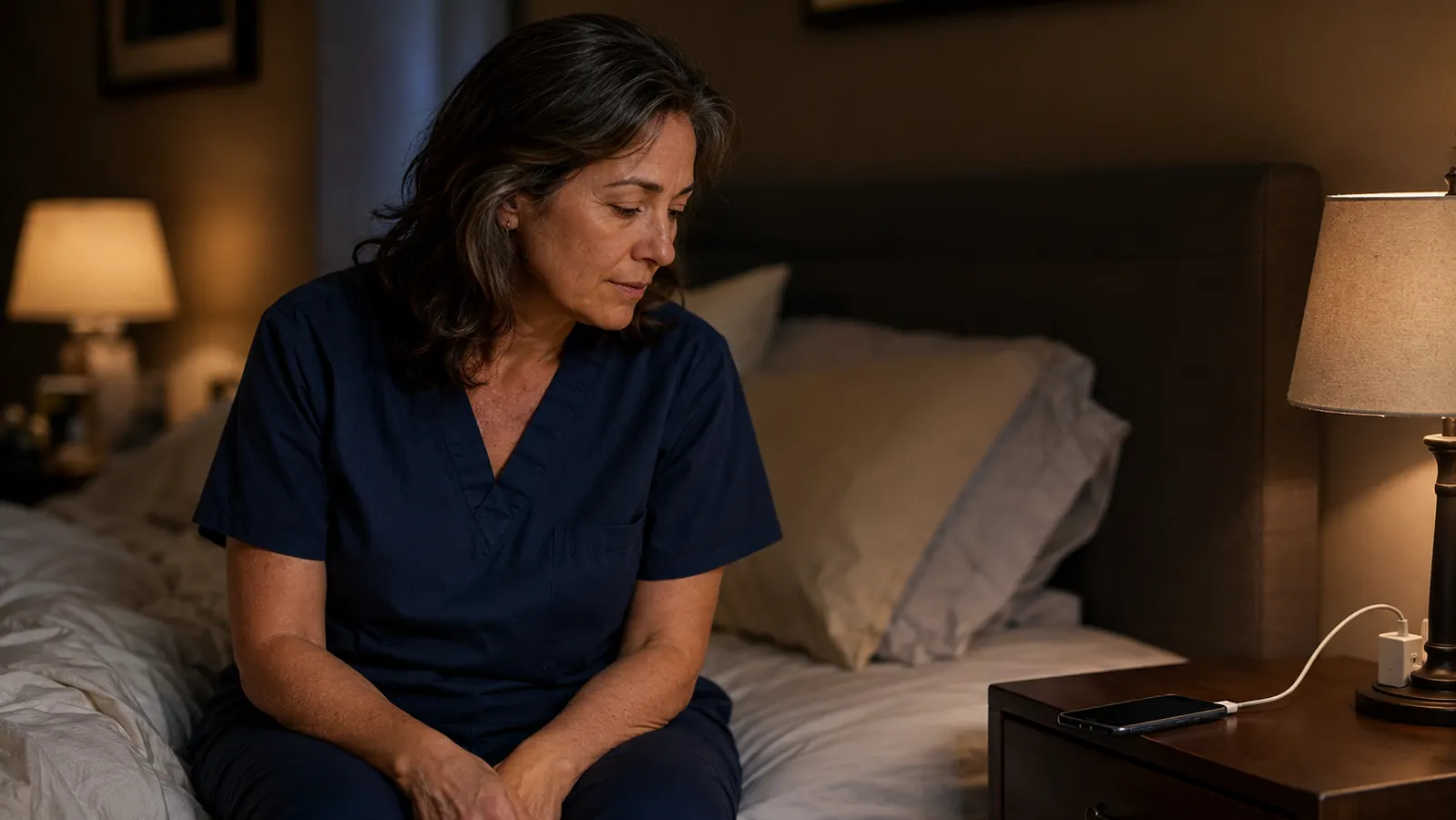 Woman in scrubs sitting on the edge of her bed at night, unwinding after a long shift