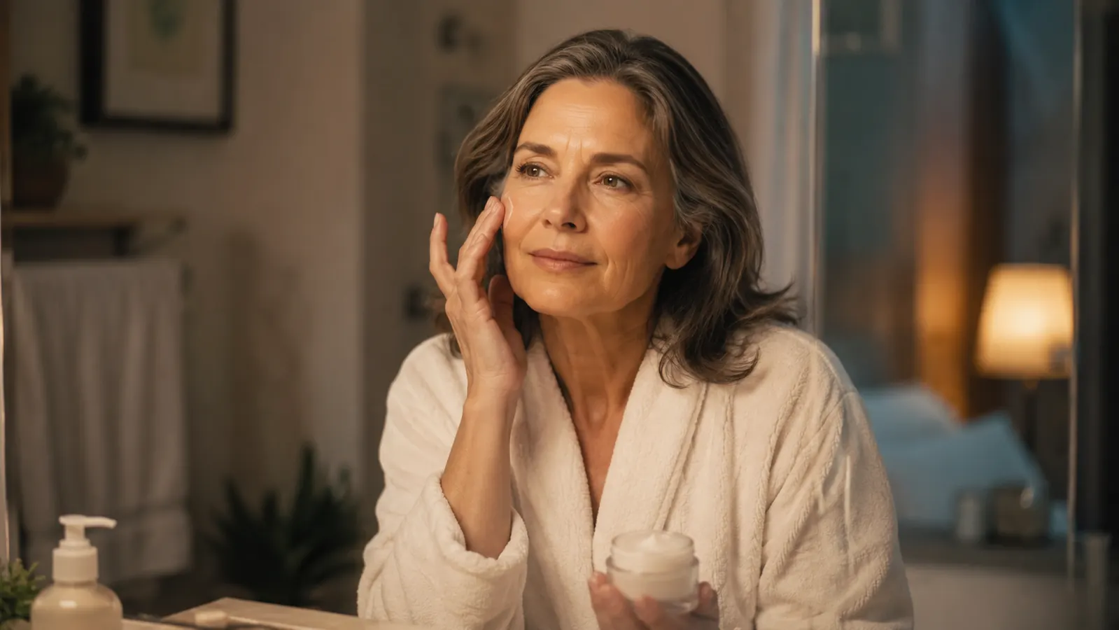 Woman in her fifties relaxing at a bathroom counter in soft evening light, holding a rose gold facial wand