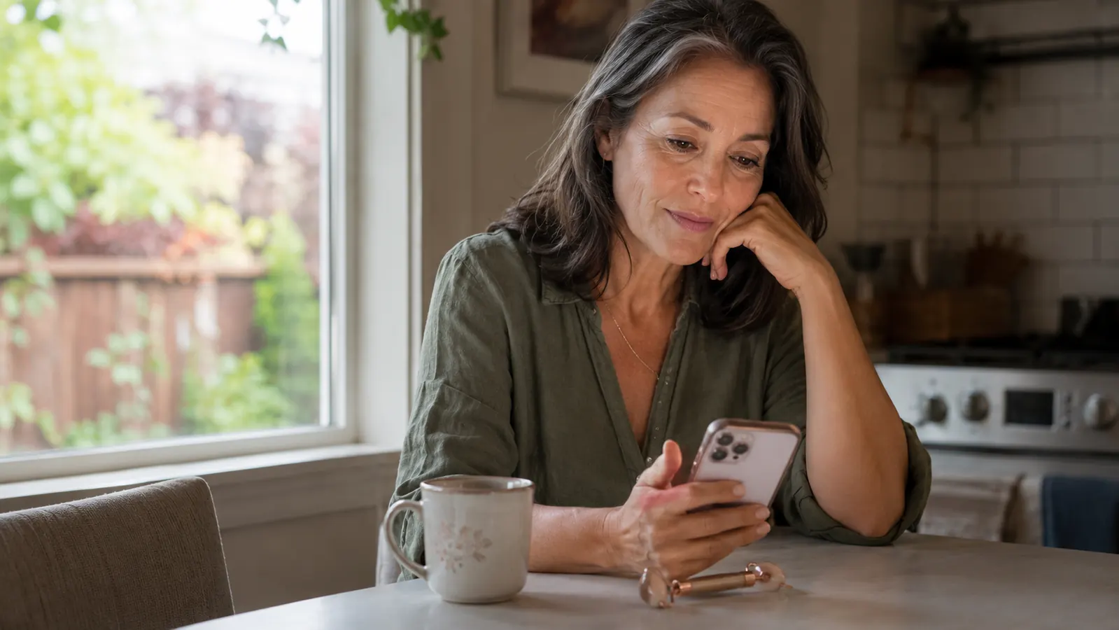 A woman sitting at a kitchen table late morning looking at her phone screen showing a subscription management page, a small facial wand resting nearby