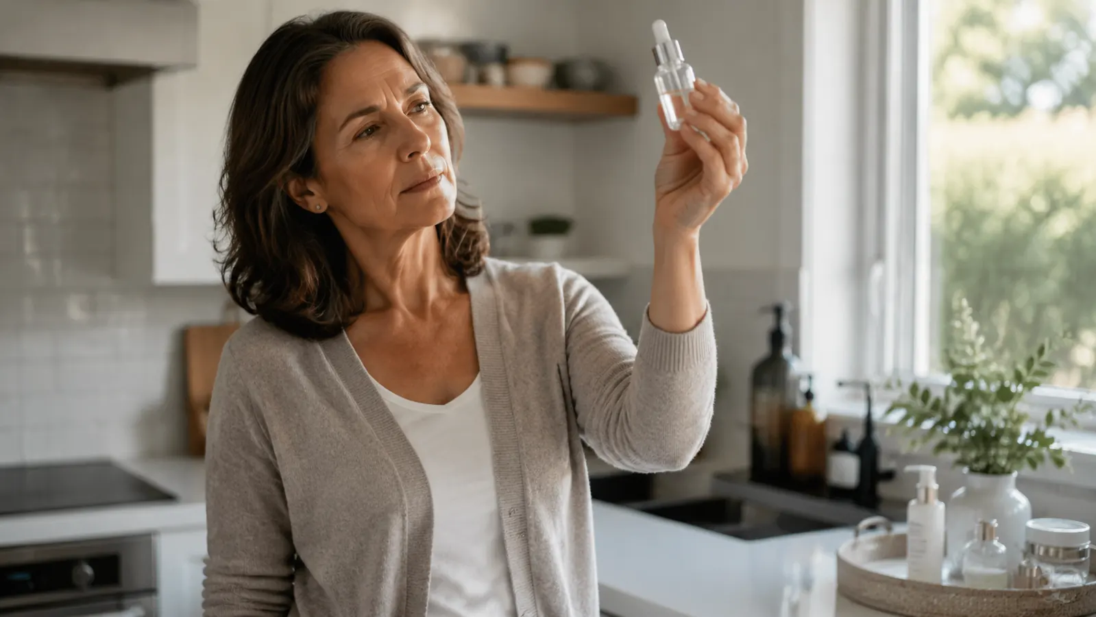 A woman in her fifties standing at a kitchen counter holding an empty serum bottle up to the light with a questioning expression