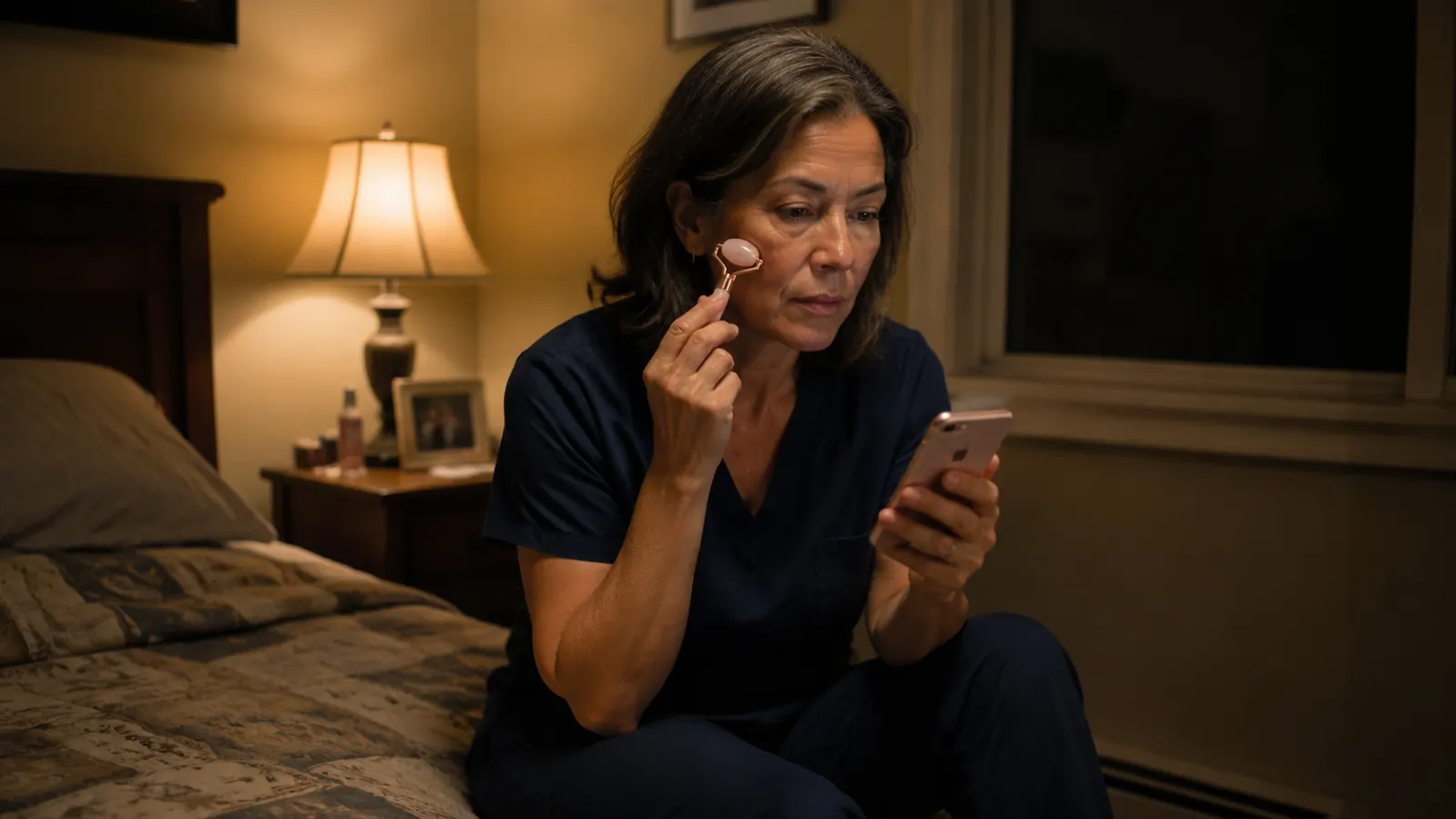 A woman in scrubs sitting on the edge of her bed late at night holding a small facial wand and a phone