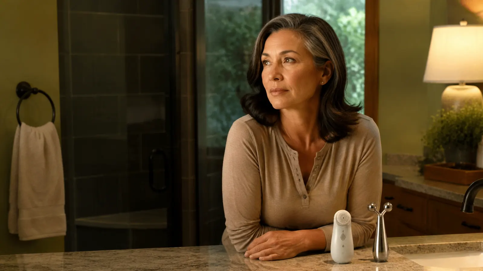 Woman in her fifties at a bathroom counter at night, choosing between two skincare devices laid out in front of her